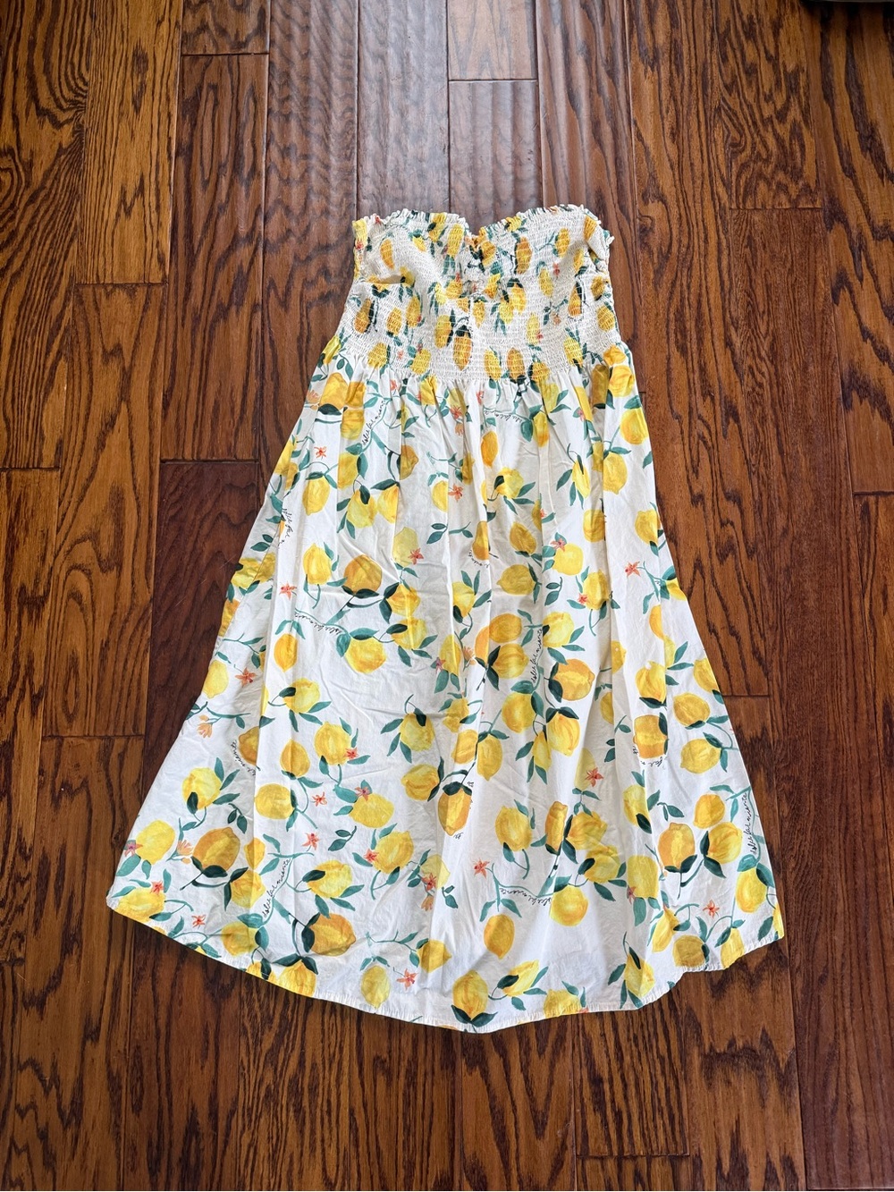 H&M Smocked Yellow Lemon Print Strapless Midi Dress Size XL